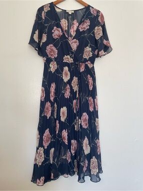 Floral Fairy Pinky Purple Blooms Flutter Sleeves Flowy Navy Midi Dress Size L